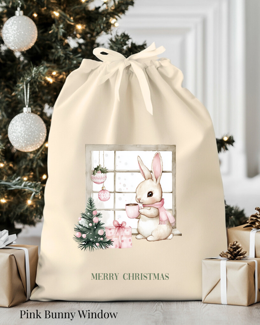 Kerstzak Pink Bunny Window| Gepersonaliseerd