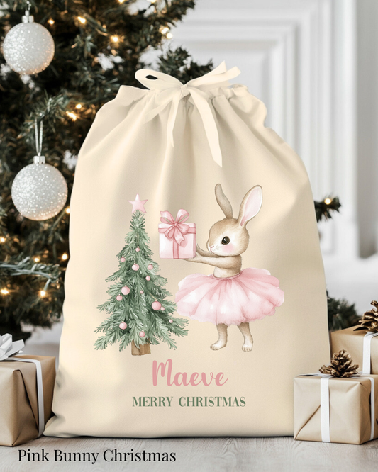 Kerstzak Pink Bunny Christmas| Gepersonaliseerd