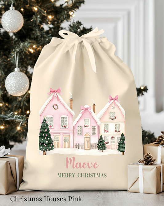 Kerstzak Christmas Houses Pink | Gepersonaliseerd