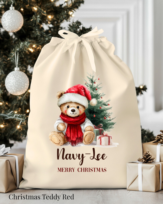Kerstzak Christmas Teddy Red | Gepersonaliseerd