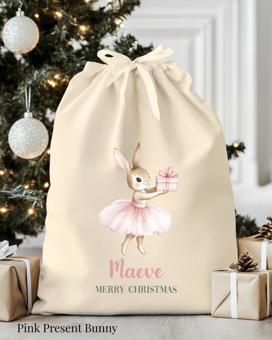 Kerstzak Pink Present Bunny | Gepersonaliseerd